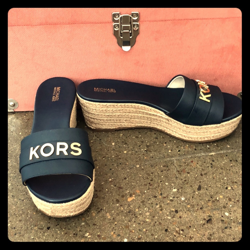 Michael Kors navy and gold wedges, size 8